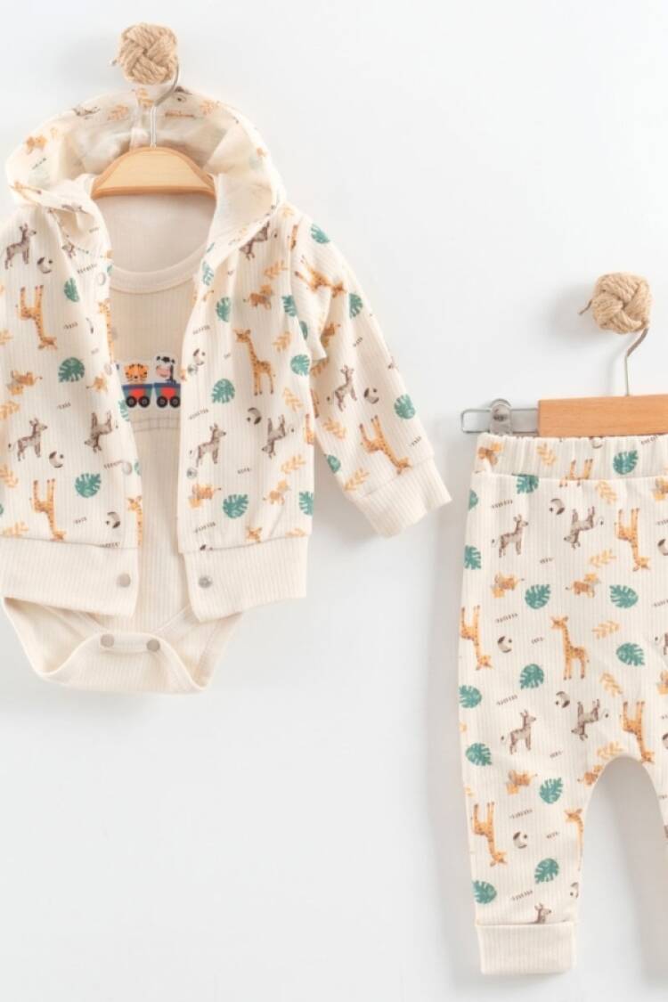Baby Sets - B1 - Zürafa Desenli Hırkalı Üçlü Erkek Bebe Takım - Brand: NAYINOM - Women & Kids, Baby Clothes Wholesale - Globality Store