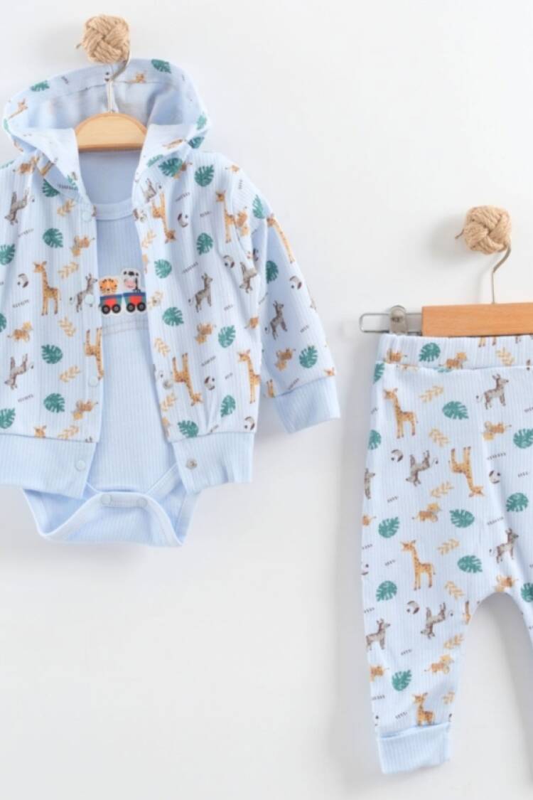 Baby Sets - B1 - Zürafa Desenli Hırkalı Üçlü Erkek Bebe Takım - Brand: NAYINOM - Women & Kids, Baby Clothes Wholesale - Globality Store